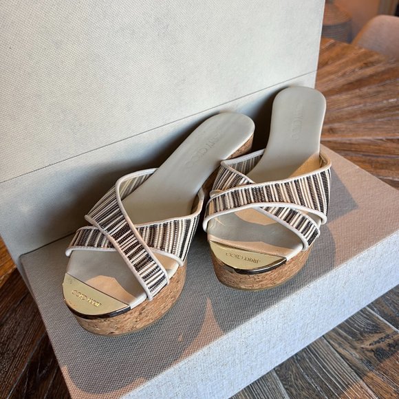 Jimmy Choo Genuine Leather, Cream/Grey Cross Straps, Pandora Platform Sandals - Picture 1 of 8